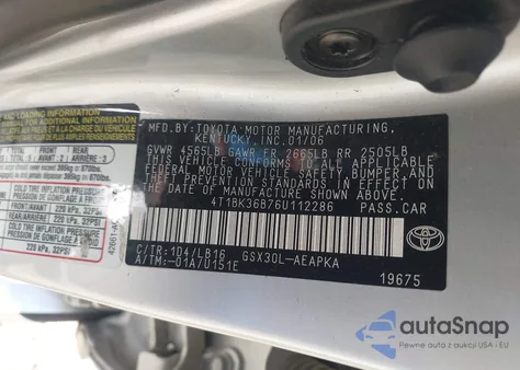 2006 Toyota Avalon Limited z USA, uszkodzony, nr VIN 4T1BK36B76U112286